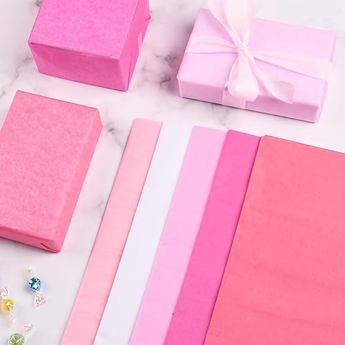 Miniatura 3 de 100 hojas de papel de seda rosa de 20 x 14 pulgadas para envolver regalos, 5 colores, rosa intenso, rosa, blanco, papel de seda para bolsas de