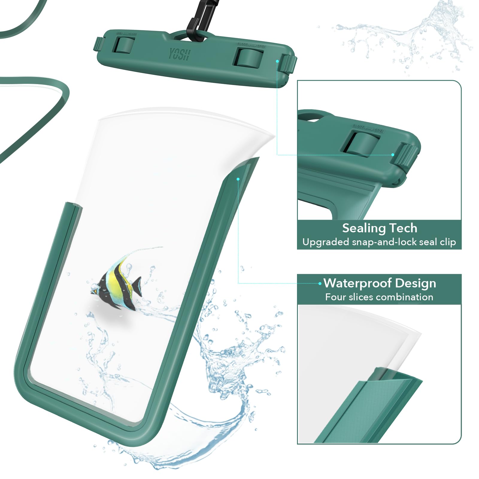 YOSH Zielone wodoodporne etui na smartfon, IPX8 wodoodporne etui na iPhone 17 16 15 14 13 Pro Max XS XR X SE, Samsung S24, S23, S22, A14, A23, A33, Xiaomi Redmi ochrona telefonu, woda do 7,0 cala