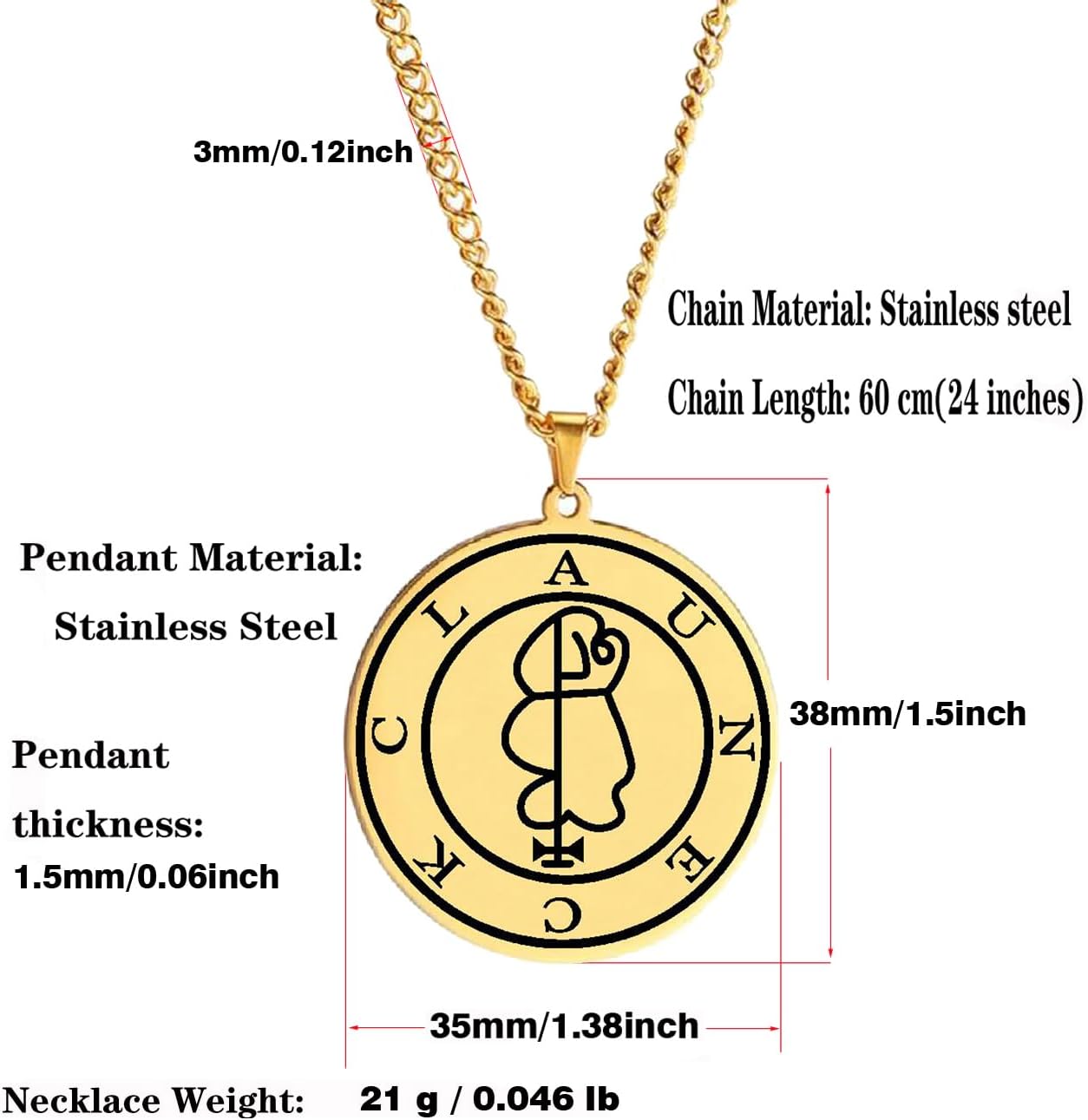 Stainless Steel Sigil Of Clauneck Pendant Necklace, Gold Tone Grimoire Amulet For Wealth