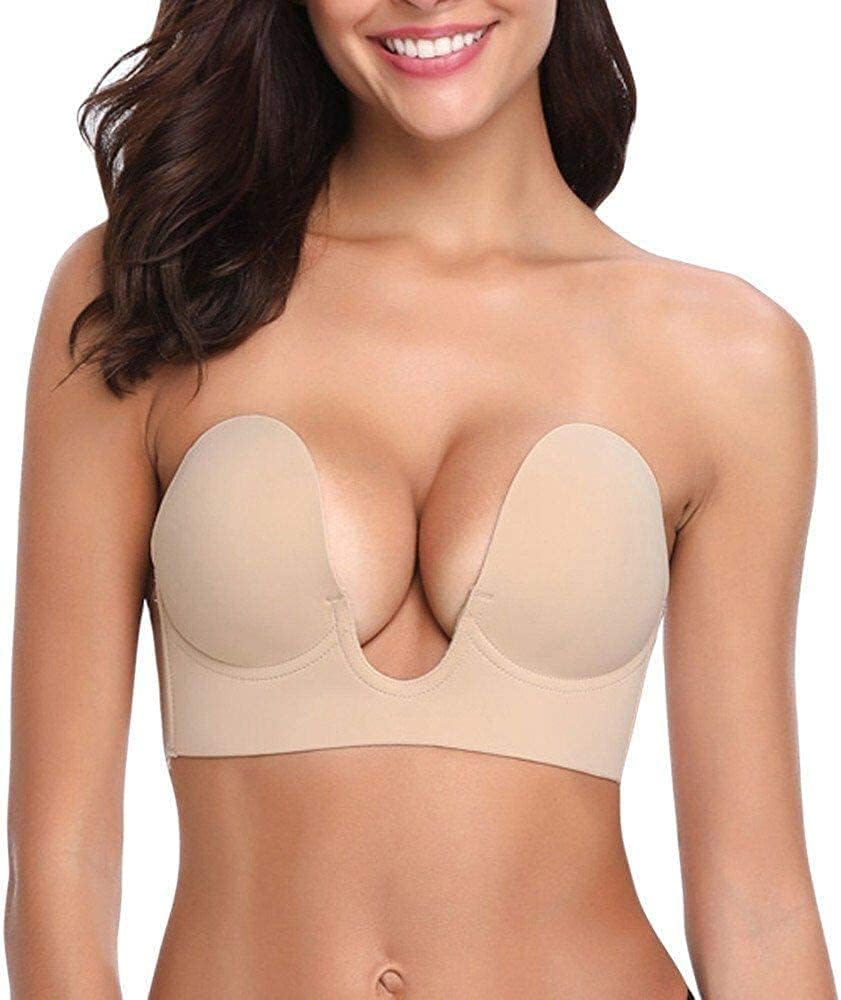 ELECDONAdhesive Bra Push Up Deep U-Shaped Plunge Sticky Bra Silicone Invisible Bra Strapless Bras Backless Breast Lifting Dress Bra
