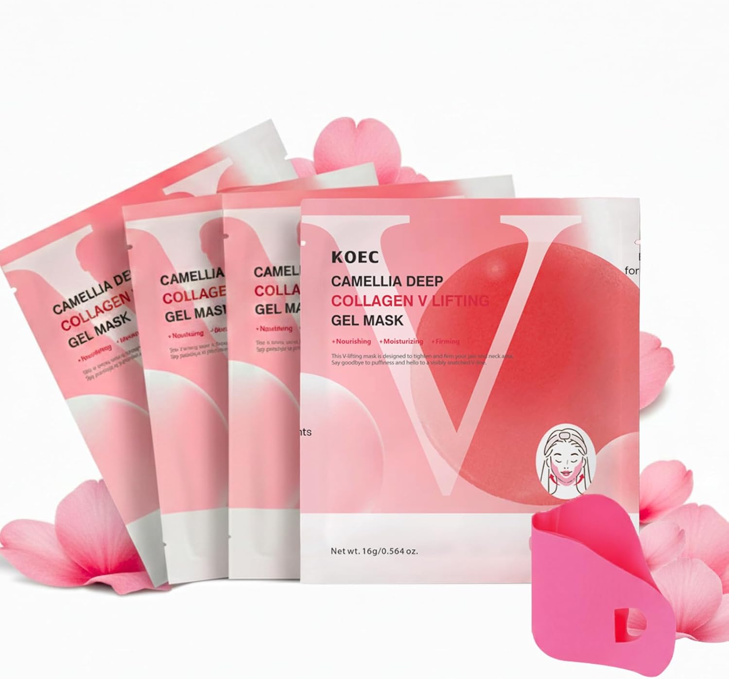 4 Pcs Camellia Collagen V Line Lifting Mask – Hydrogel Facial Mask & Double Chin Reducer for Women – V-line Mask for Sagging Jowls and Double Chin – Skin Tightening Korean Collagen Mask for Face Lift