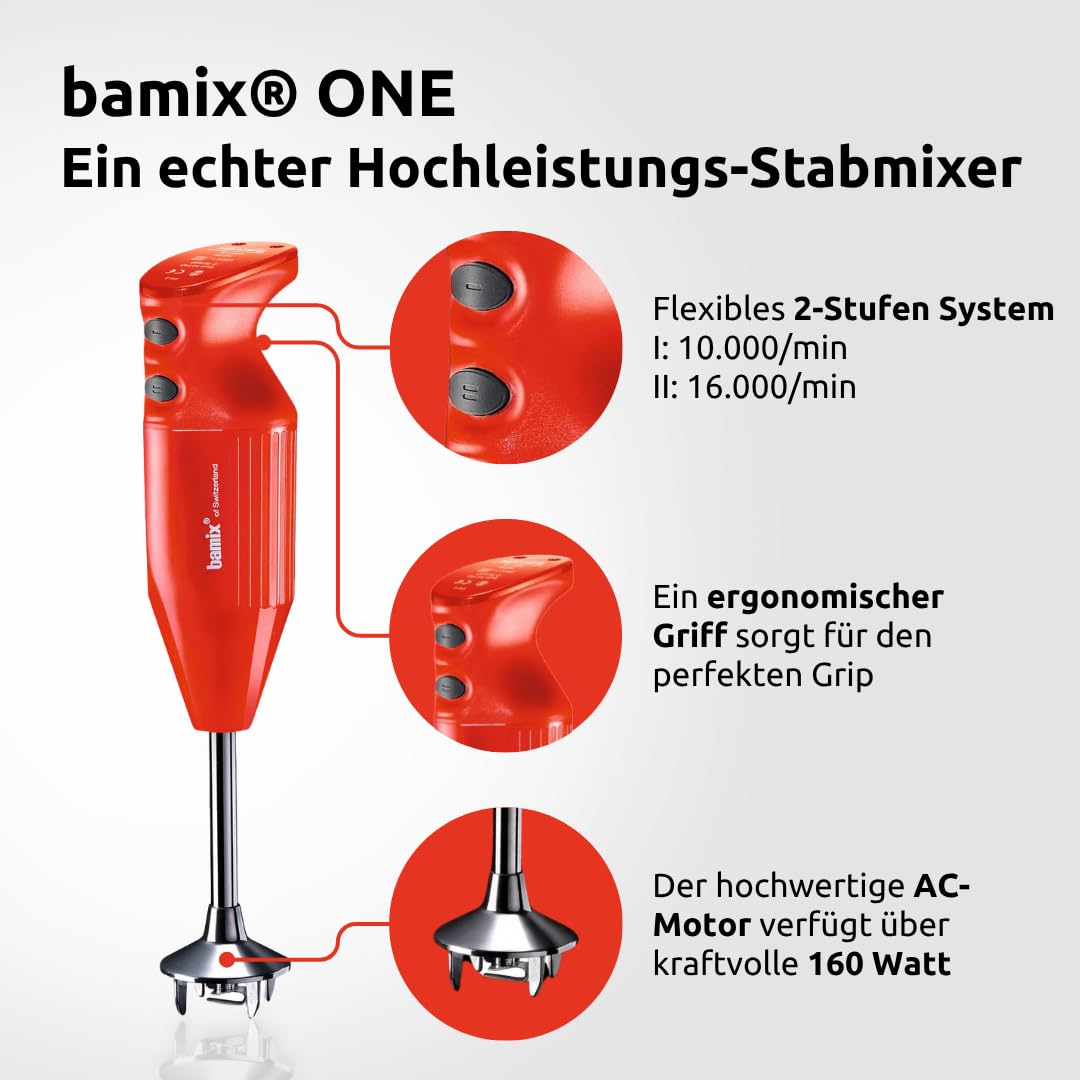 bamix Stabmixer Set M160 ONE inkl. Multifunktionsmesser aus Edelstahl, 160 Watt, 2-Stufen, Made in Switzerland, Rot