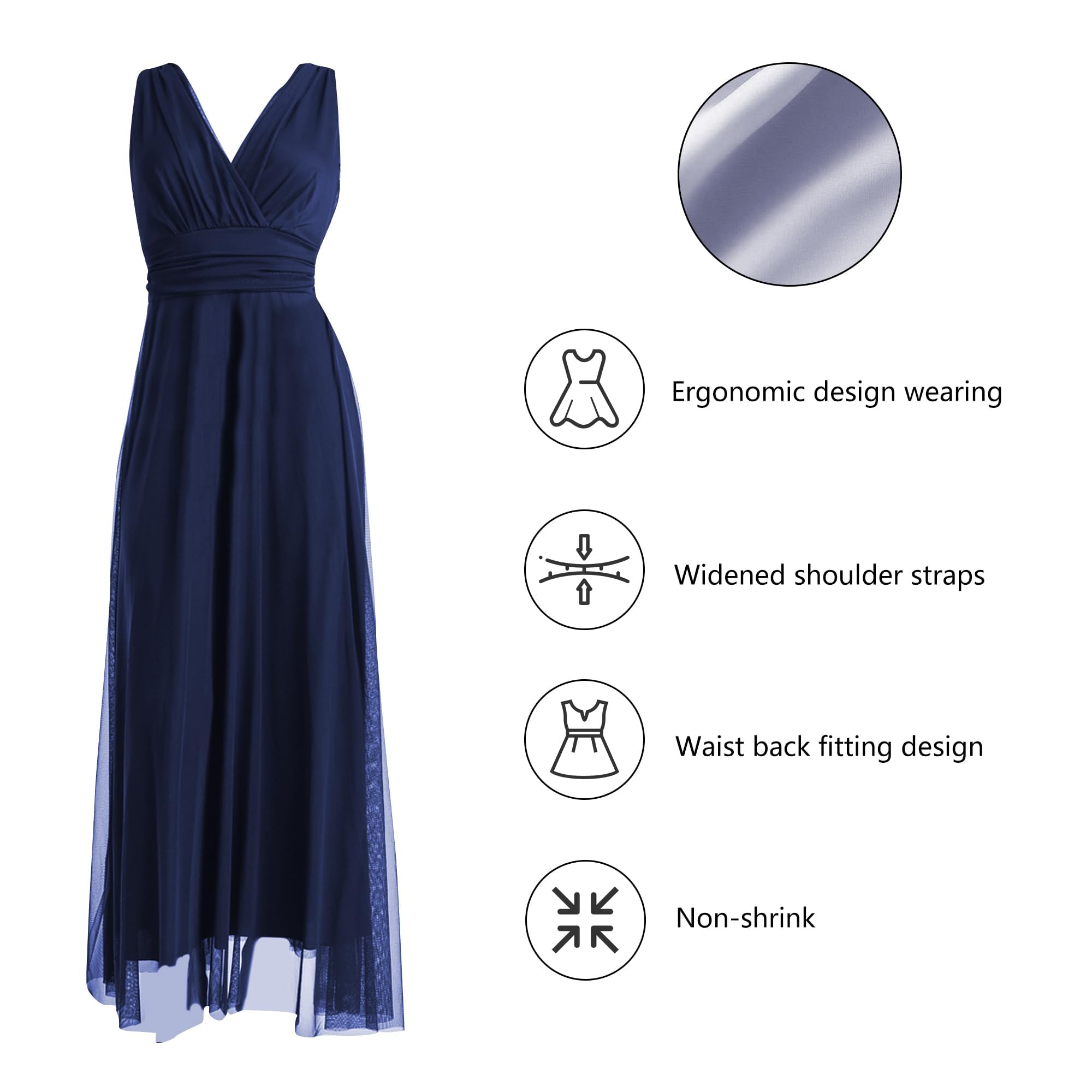 Vestido largo de ceremonia para mujer, de tul, elástico, cuello en V, fabricado en Italia