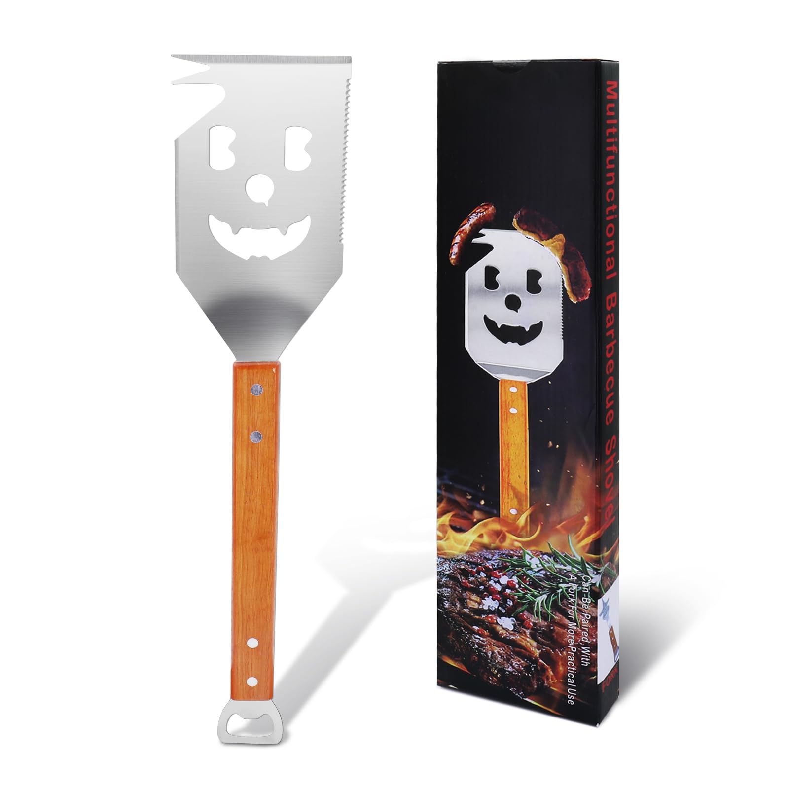 Spatule Barbecue 7 en 1, Ustensiles barbecue avec spatule, Accessoires de Barbecue Extra Longs, Meilleurs Cadeaux de Barbecue pour Hommes Uniques, Couverts de barbecue multifonctions avec manche