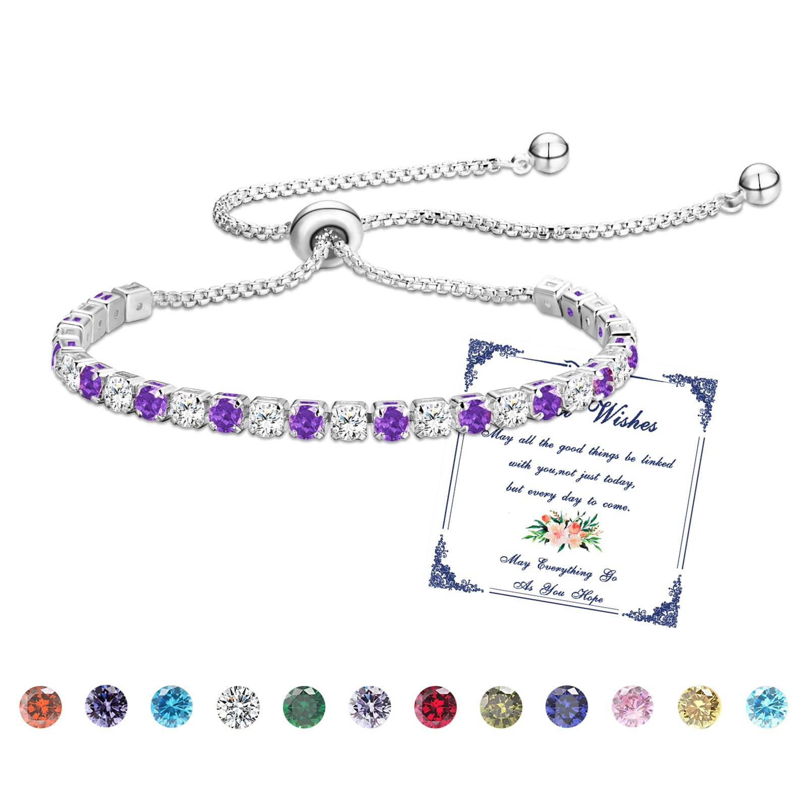 Esmoly Bracciale Donna Argento Bracciale Tennis con 12 Colori di Pietre Natali e 5A Sparkle Zircone Regolabile Regalo Compleanno Donna Ragazza