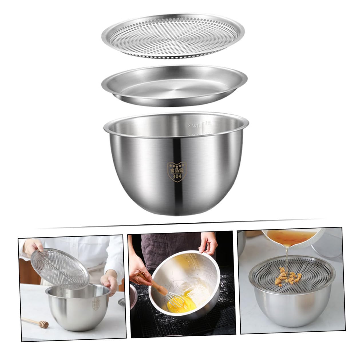 Gatuida Set de Bassines en Acier Inoxydable Multi-fonction avec Passoire Anti-dérapante pour Œufs et Riz, Ustensile Cuisine Ménager Argenté Pratique