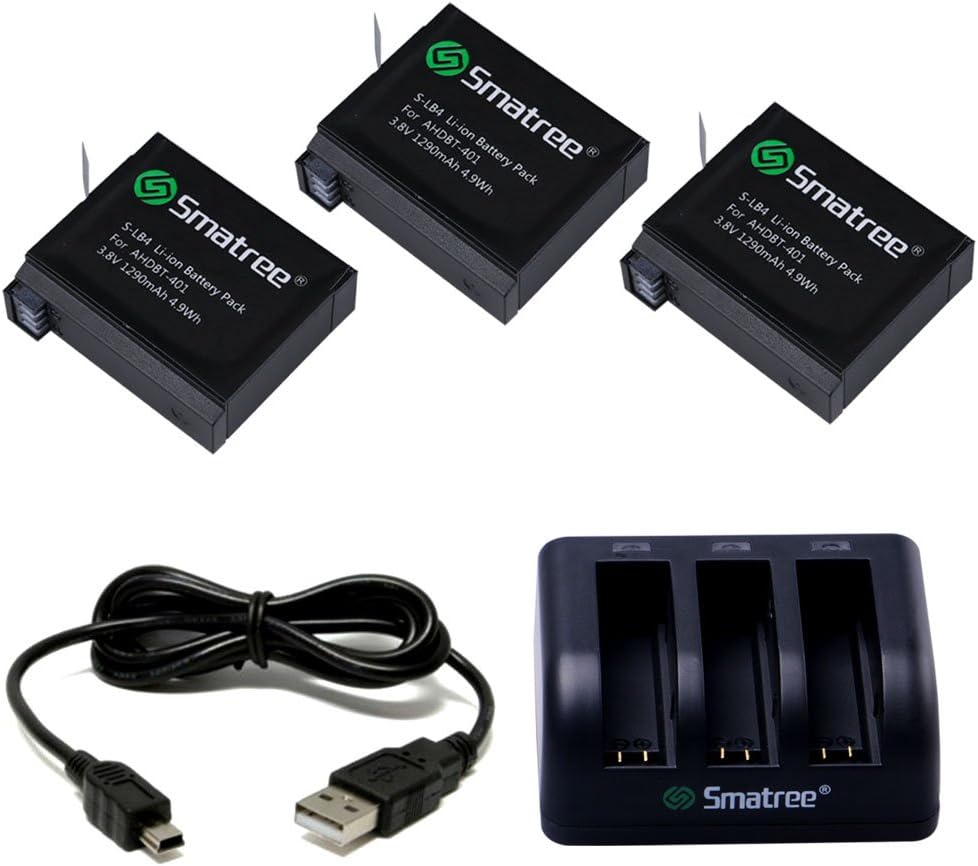 SmatreeReplacement Battery (3 Pack) and 3-Channel Charger Only Compatible for Gopro Hero 4 Action Camera(Not for Other Gopro Hero Camera!!!)