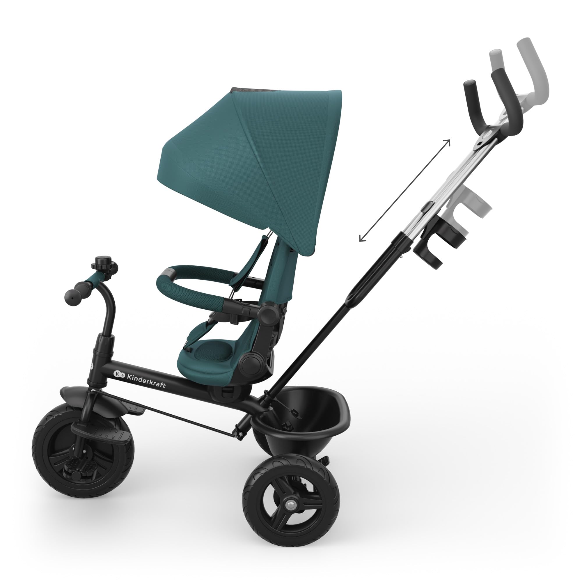 Kinderkraft ASTON 2 PLUS triciclo bambini 6 in 1, seduta 360°, posizione semi-reclinata, maniglione genitori, capottina, pedali liberi, Verde