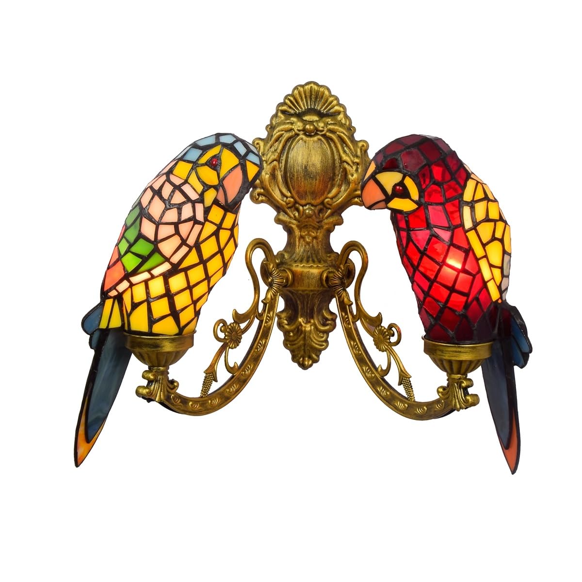 Manhong One Color 2 Heads Tiffany Parrot Wall Lights, Stained Glass Wall Mount Sconce Vintage Decorative Bedside Lamps For Bedroom Living Room Corridor Stairways