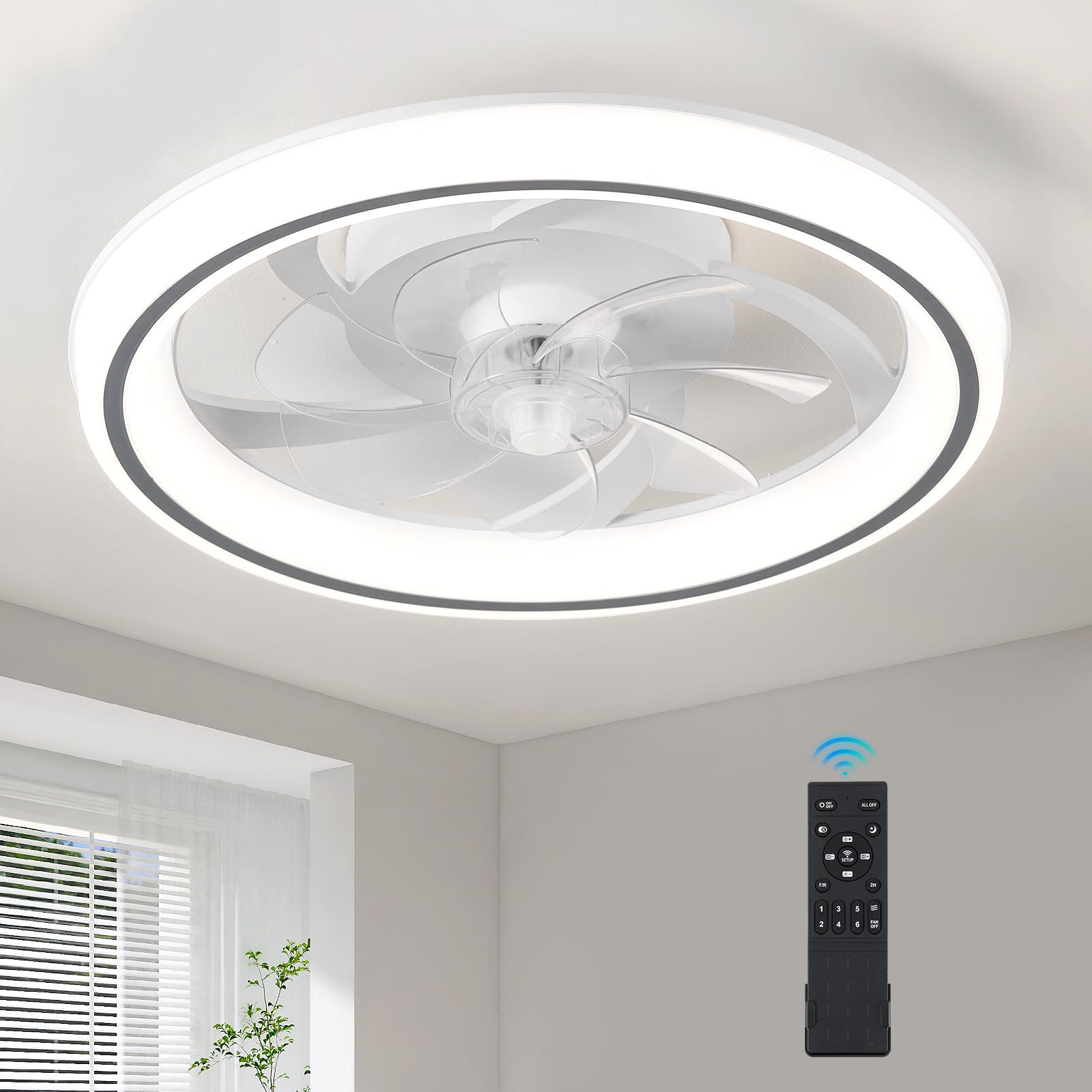 HARPER LIVING Wentylator sufitowy, 48 cm, światło i pilot zdalnego sterowania, 50 W 4000 lm, 3-kolorowa ściemniana dioda LED, 6 prędkości i timerem – wentylator o nowoczesnym i bardzo cichym świetle