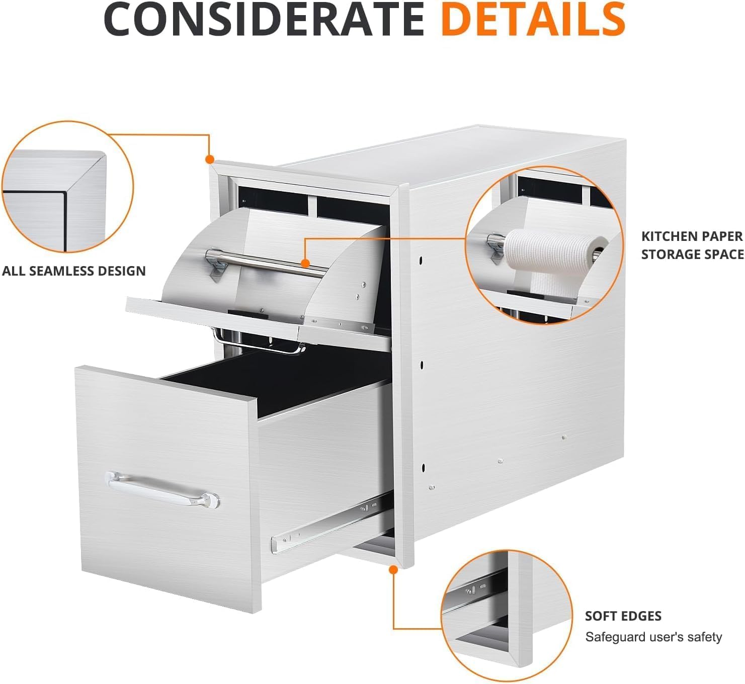 23" D x 13" w x 20.5" h Stainless Steel Outdoor Kitchen Drawer, Flush Mount BBQ Storage with Chrome Handle for Grill Islands & Patio Stations