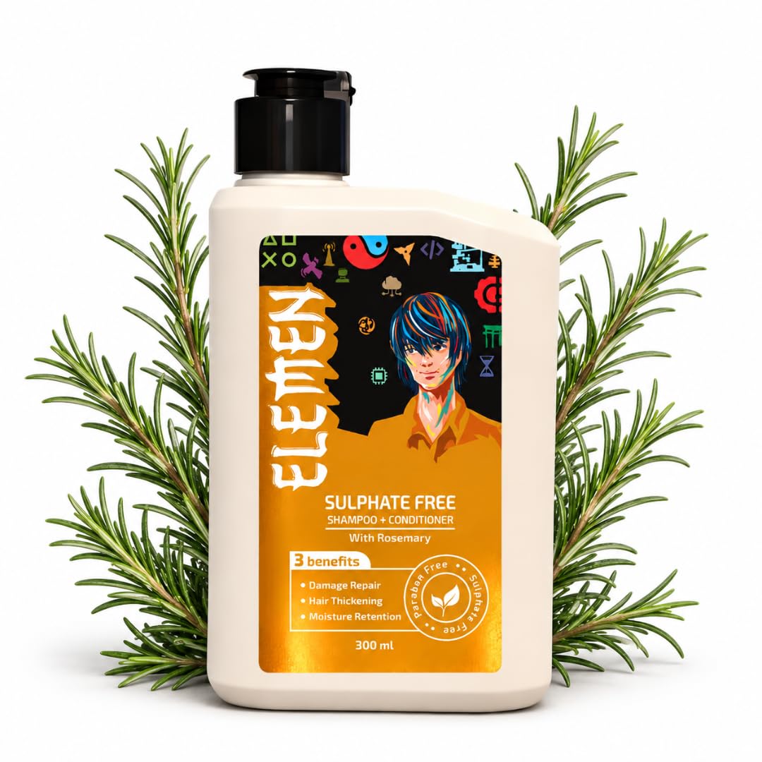 Elemen Shampoo + Conditioner | Sulphate Free | 2in1 Hairfall Solution for Boys, 300ml | Silky Smooth Hair | with rosemary, panthenol | Vitamin E + B5 to Strengthen Hair | Cleanses + Conditions in One Wash-image-14