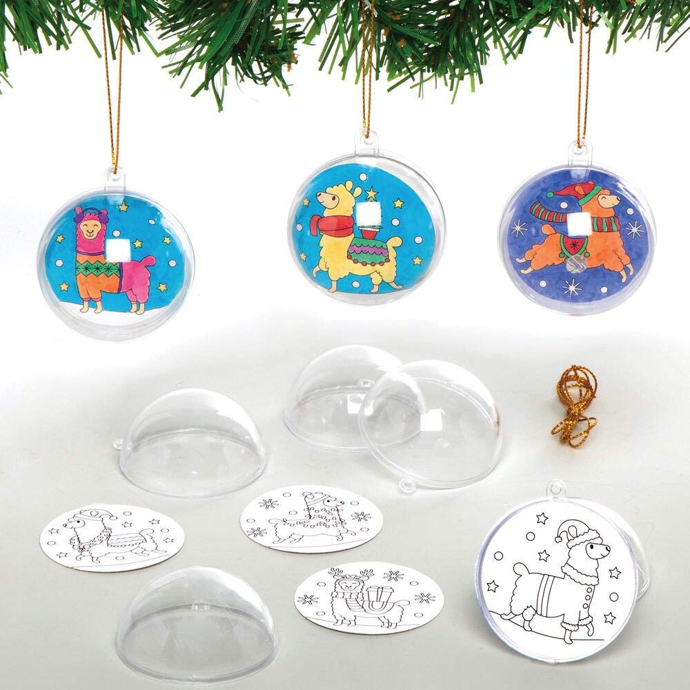 Baker Ross Festive Llama Colour in Baubles – Pack of 8, Bauble Craft Kits for Kids, Make Your Own Christmas Decorations (AX595)