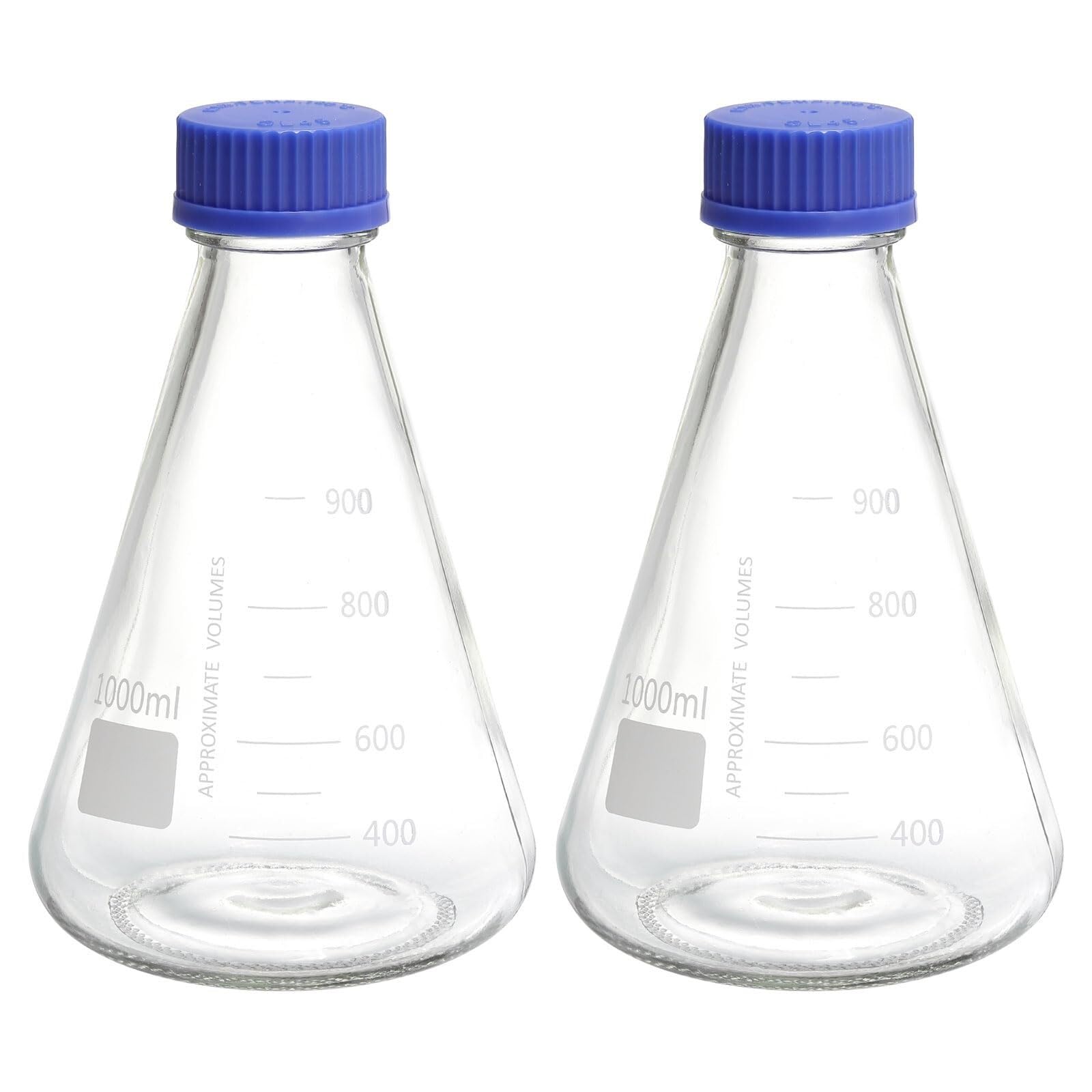 Set Matraz Erlenmeyer - 2 x 1000ml Vidrio Borosilicato Graduado con Tapón Roscado para Laboratorio Química(2,250ml/8.45oz)