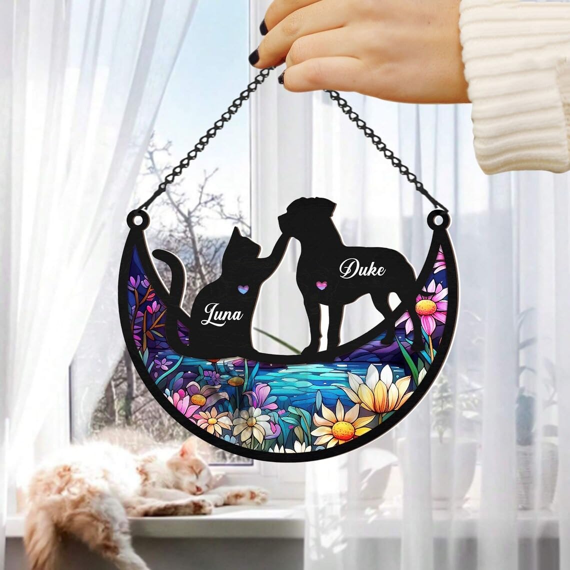 Personalized Cat Memorial Suncatcher - Custom Pet Loss Sympathy Gift With Name & Date, Stained Glass Window Hanging