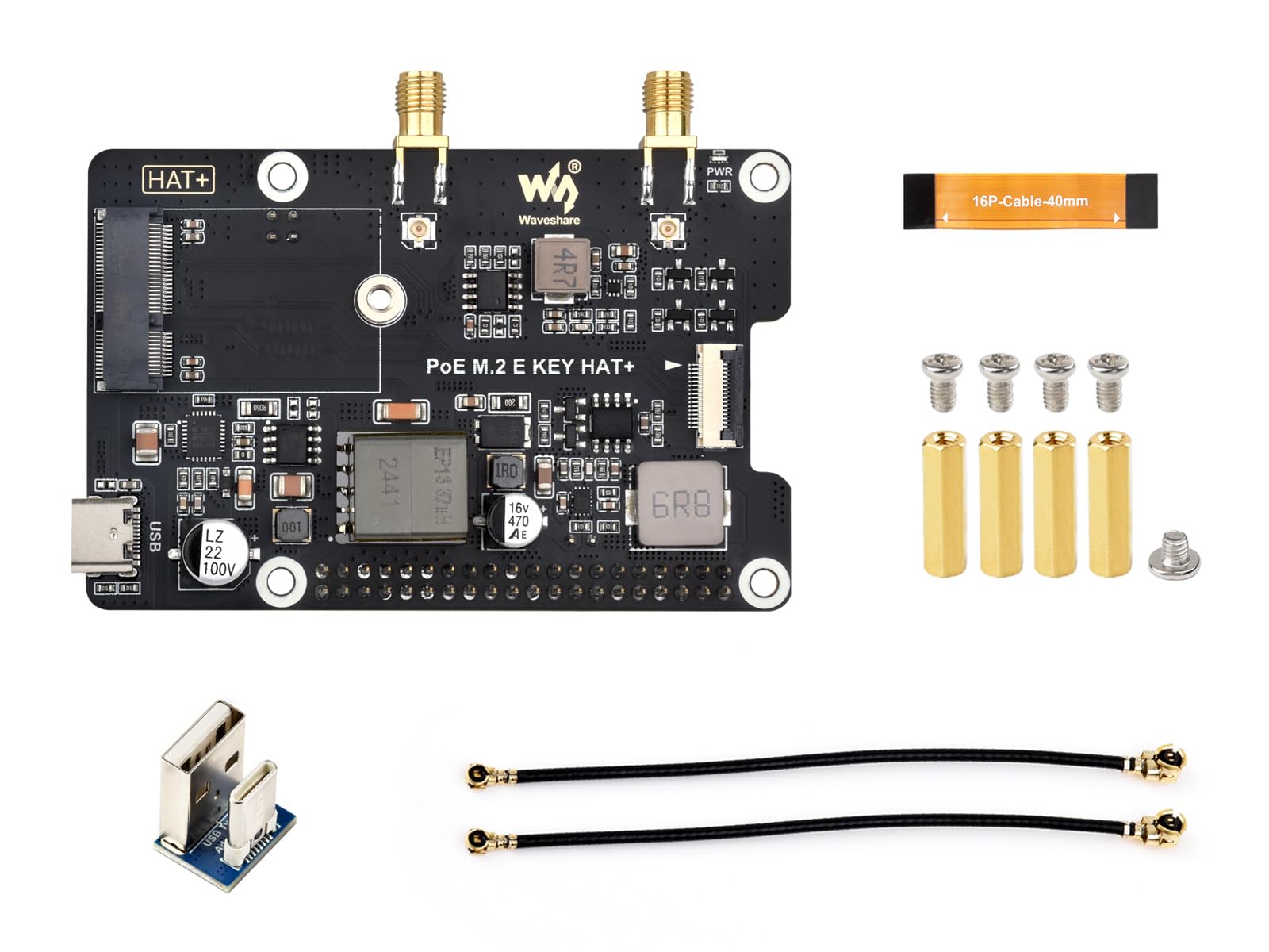 Waveshare PCIe to M.2 E Key Adapter with PoE Function, Compatible with Raspberry Pi 5, Support NGFF (M.2 E Key) Wireless NIC, Raspberry Pi 5 PCIe HAT