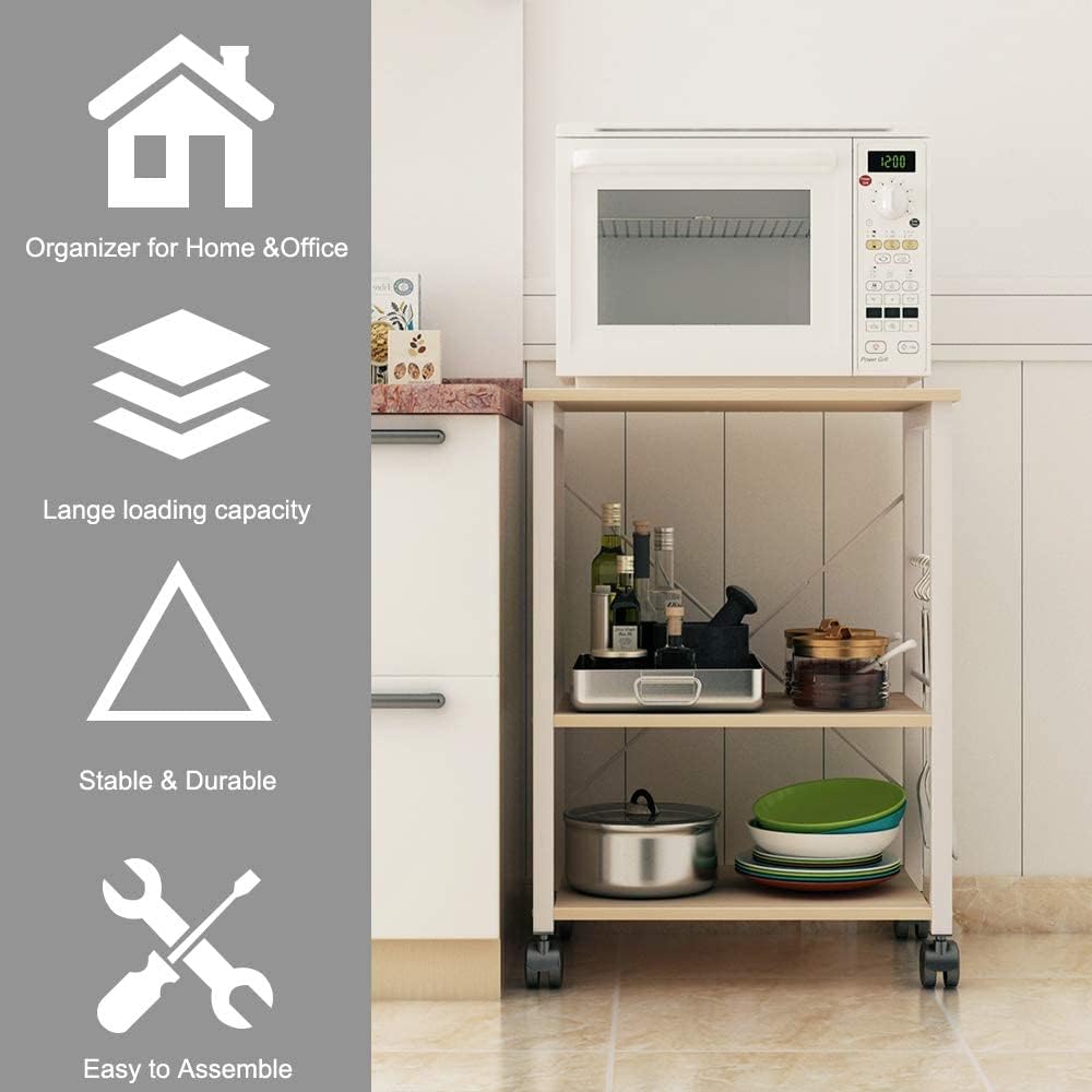 Coffee Bar, 24 inch Bakers Rack Microwave Stand with Storage Shelves and Wheels for Small Space, Rolling Kitchen Shelves Organizers, Microwave Cart Coffee Cart Coffee Station Table for Home Kitchen