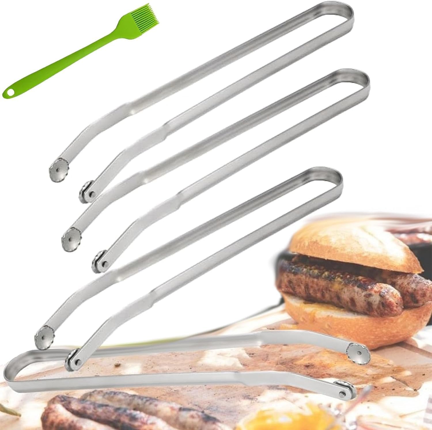 Pinze per Girare Salsicce per Barbecue, Pinze per Salsicce in Acciaio Inox, Pinze da Cucina Multiuso con Manico Lungo per Cucina, Campeggio, Barbecue All'aperto, Pinze da Cucina per, 3Pcs