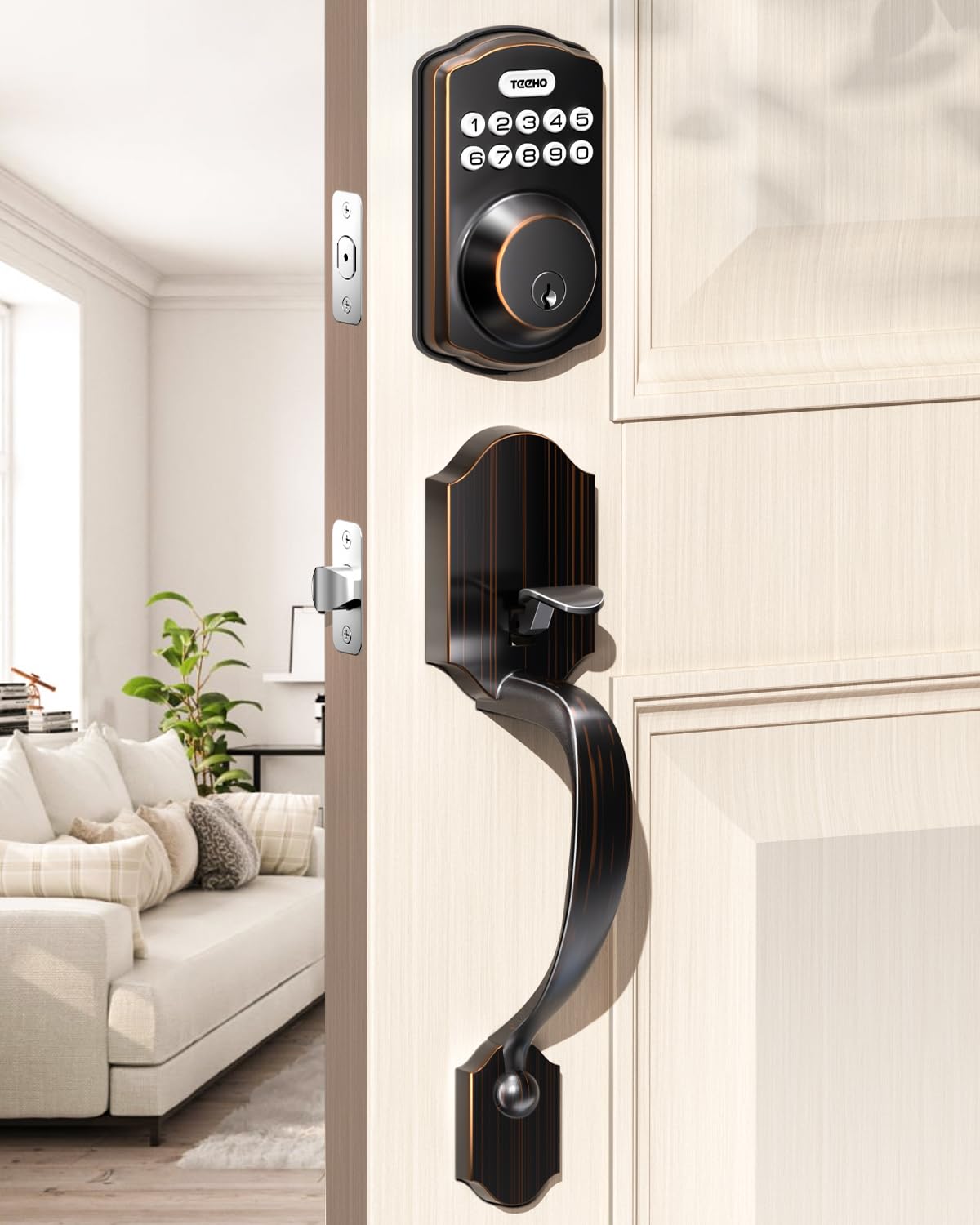 TEEHO Keyless Entry Door Lock Deadbolt with Handle Set, Electronic Digital Smart Locks Set for Front Door with 2 Keys, Easy to Install Keypad Deadbolt, Auto Lock - Oil-Rubbed Bronze