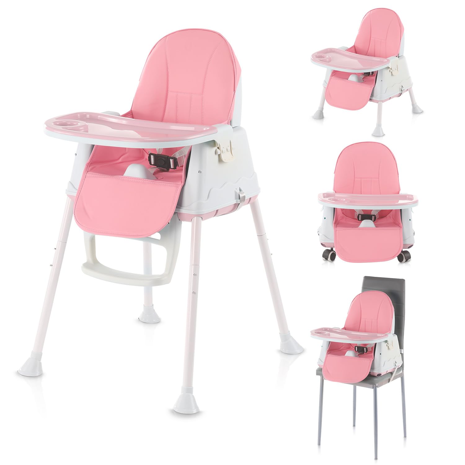 Trona ajustable 4 en 1, asiento de alimentación alto, silla de mesa para niños pequeños, trona con tabla de comedor y cinturón de seguridad de 3 puntos, rosa (rosa)