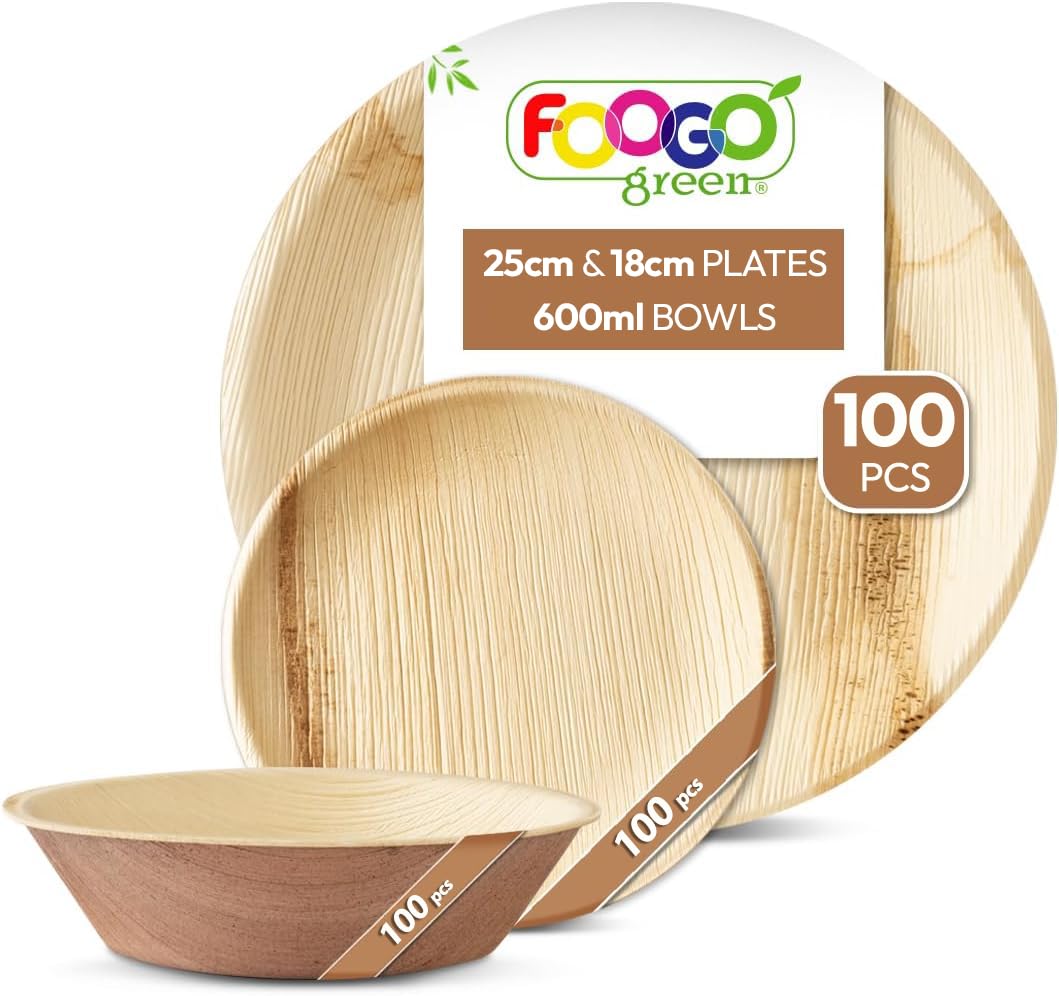 FOOGO Green 300pcs Disposable Palm Leaf Plates and Bowls, 100x Large Round, 100x Small Plates, 100x Bowls, Disposable Bamboo, Biodegradable, Strong Paper Party, Picnic and Camping