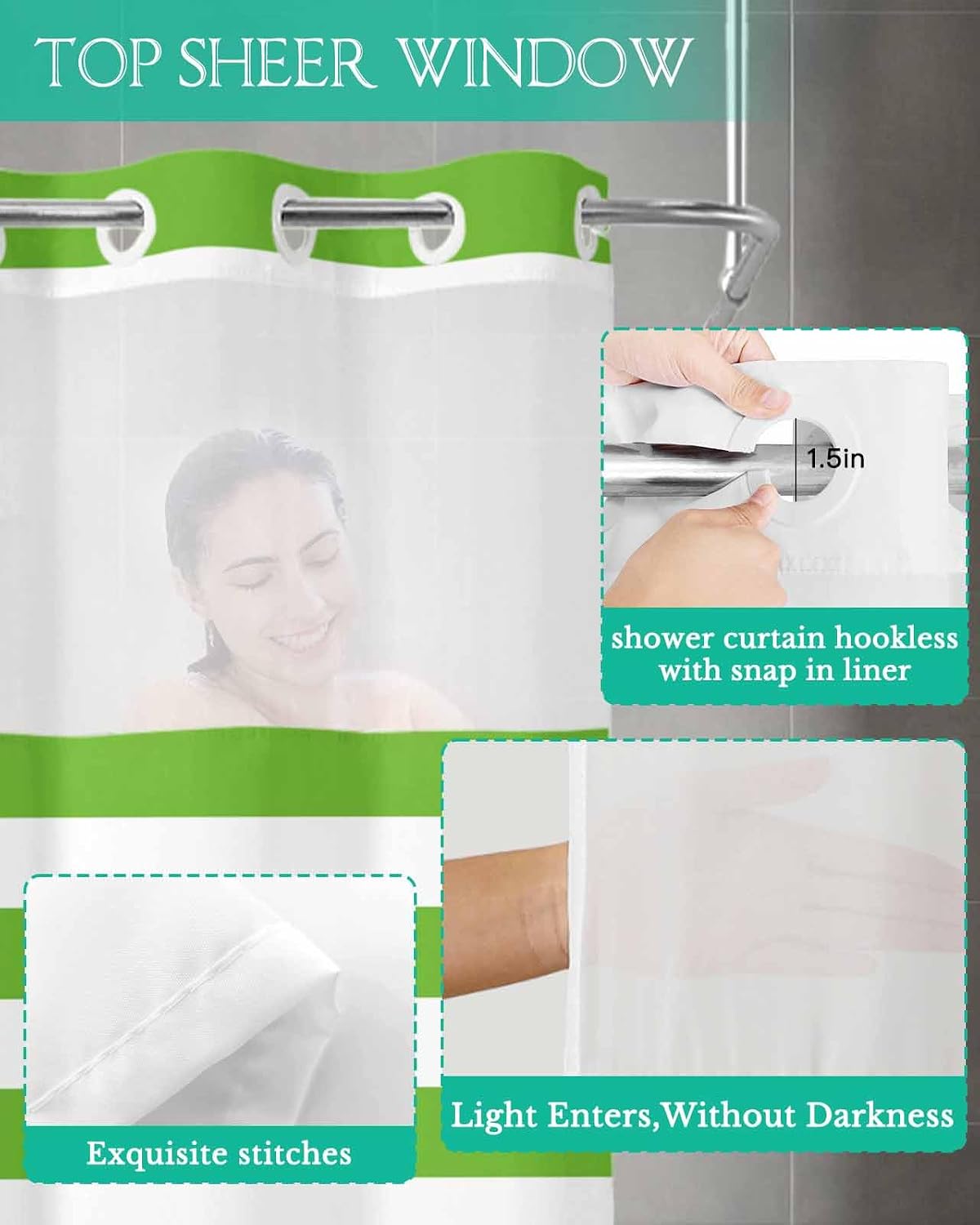 ALAGEO Shower Curtain with Snap-in Fabric Liner Set Green and White Stripes No Hook Shower Curtain with Mesh Top Window Striped Simple Style Shower Curtains Waterproof 72x72