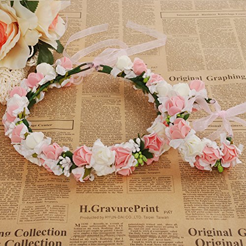 Meiliy Bridal Flower Garland Crown Flower Headband Flower Girl Headpiece Hair Wreath Halo with Flower Wrist Corsage for Wedding Festivals
