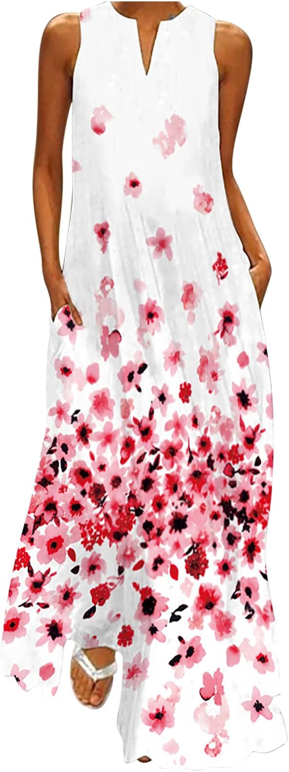 HunenySummer Dresses for Women 2024 Boho Floral Maxi Dress V Neck Sleeveless Vintage Ruffle Flowy Beach Dress with Pockets