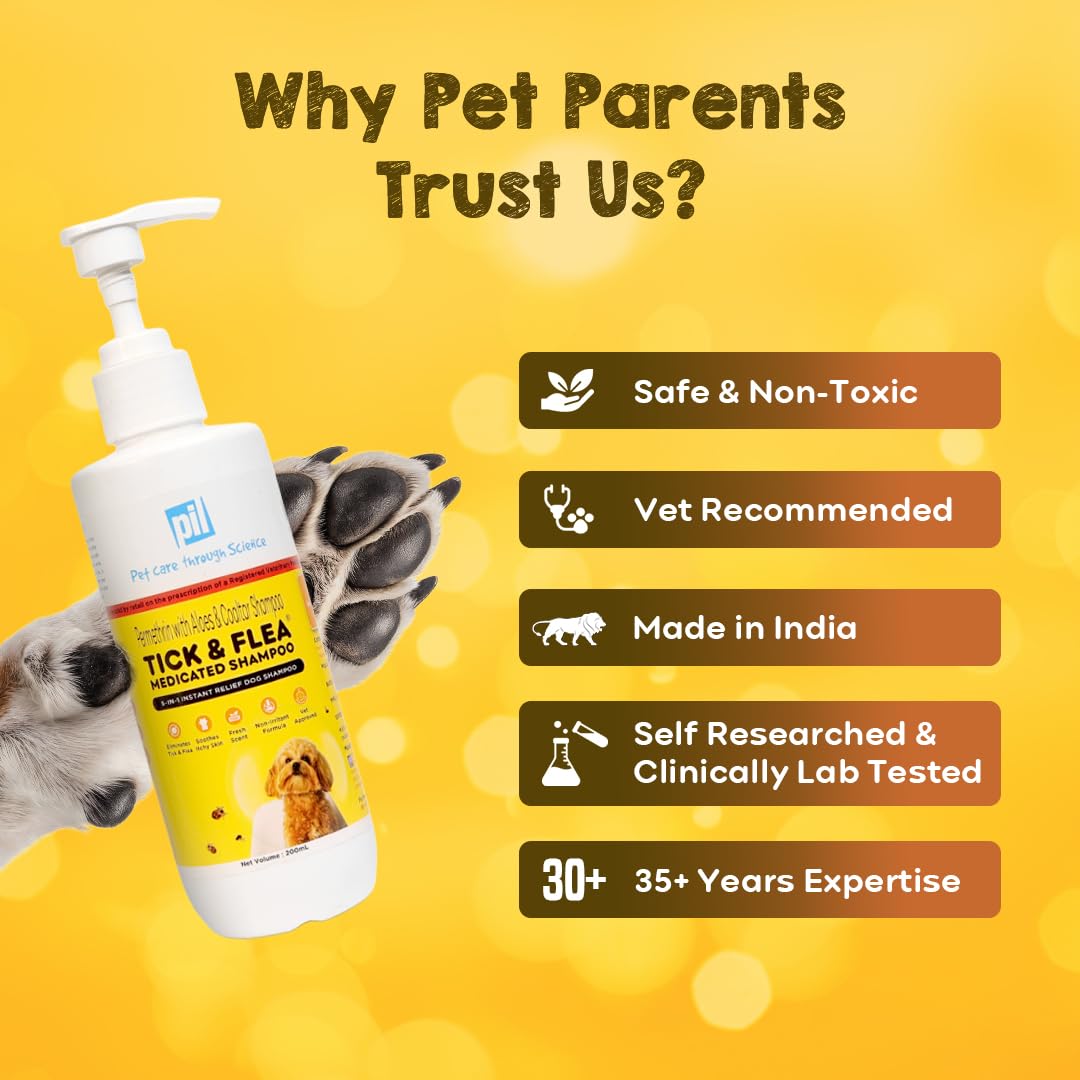 Pil Tick & Flea Dog Shampoo 200ml | Ditch to Itch Dog Shampoo for Pomeranian, Puppy, Rottweiler Adult, German Shepherd, Labrador and Golden Retriever | Medicated Pet Shampoo for Dogs
