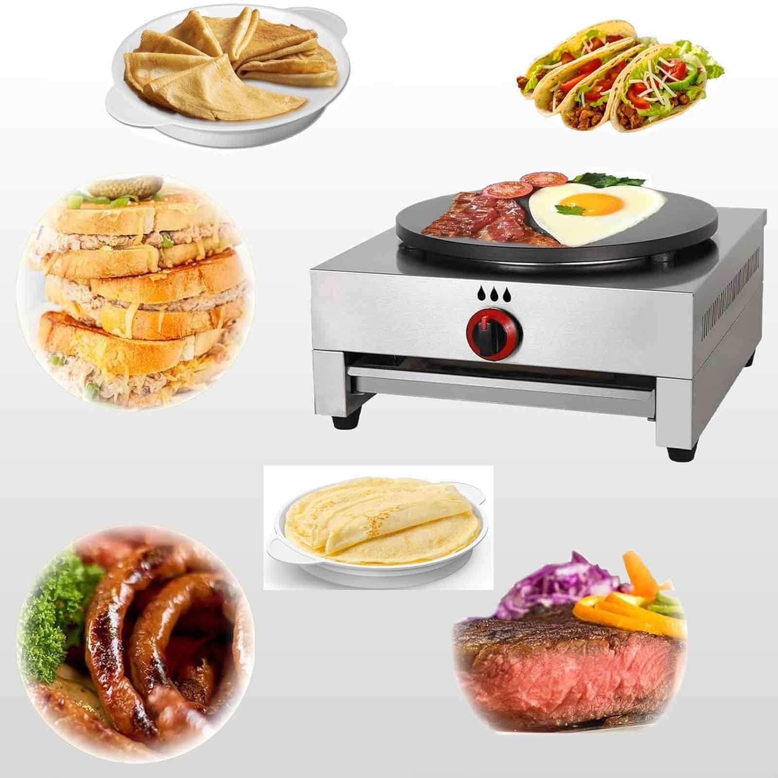 Máquina de crepes y panqueques a gas de 15.7 pulgadas, plancha antiadherente de temperatura ajustable para negocios, fiestas, perros calientes, huevos