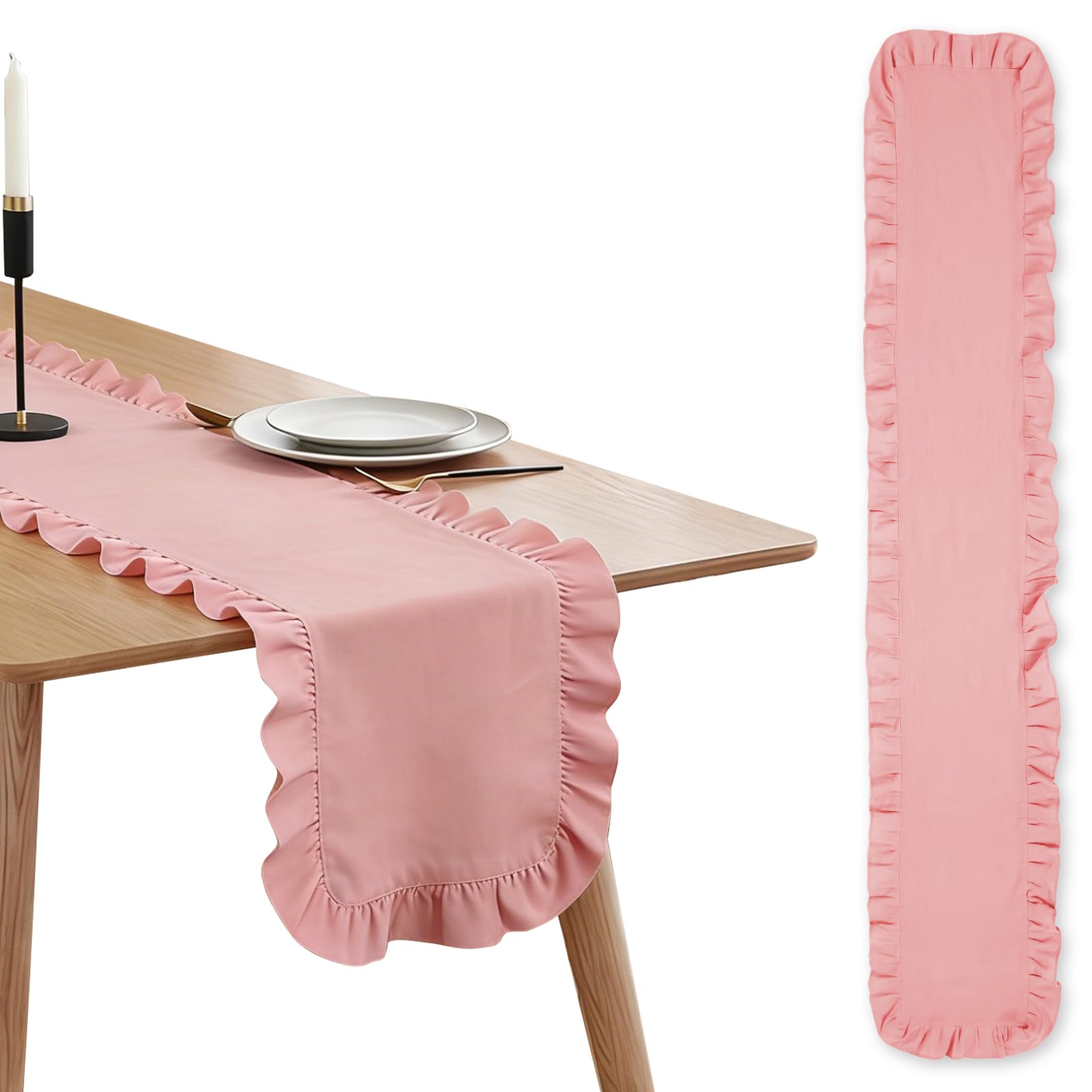 Zhjiutak Pink Ruffled Table Runner,180X35cm Cotton Scalloped Table Runner Washable Farmhouse Tablecloth Kitchen Decoration For Wedding Bride Shower(Pink)