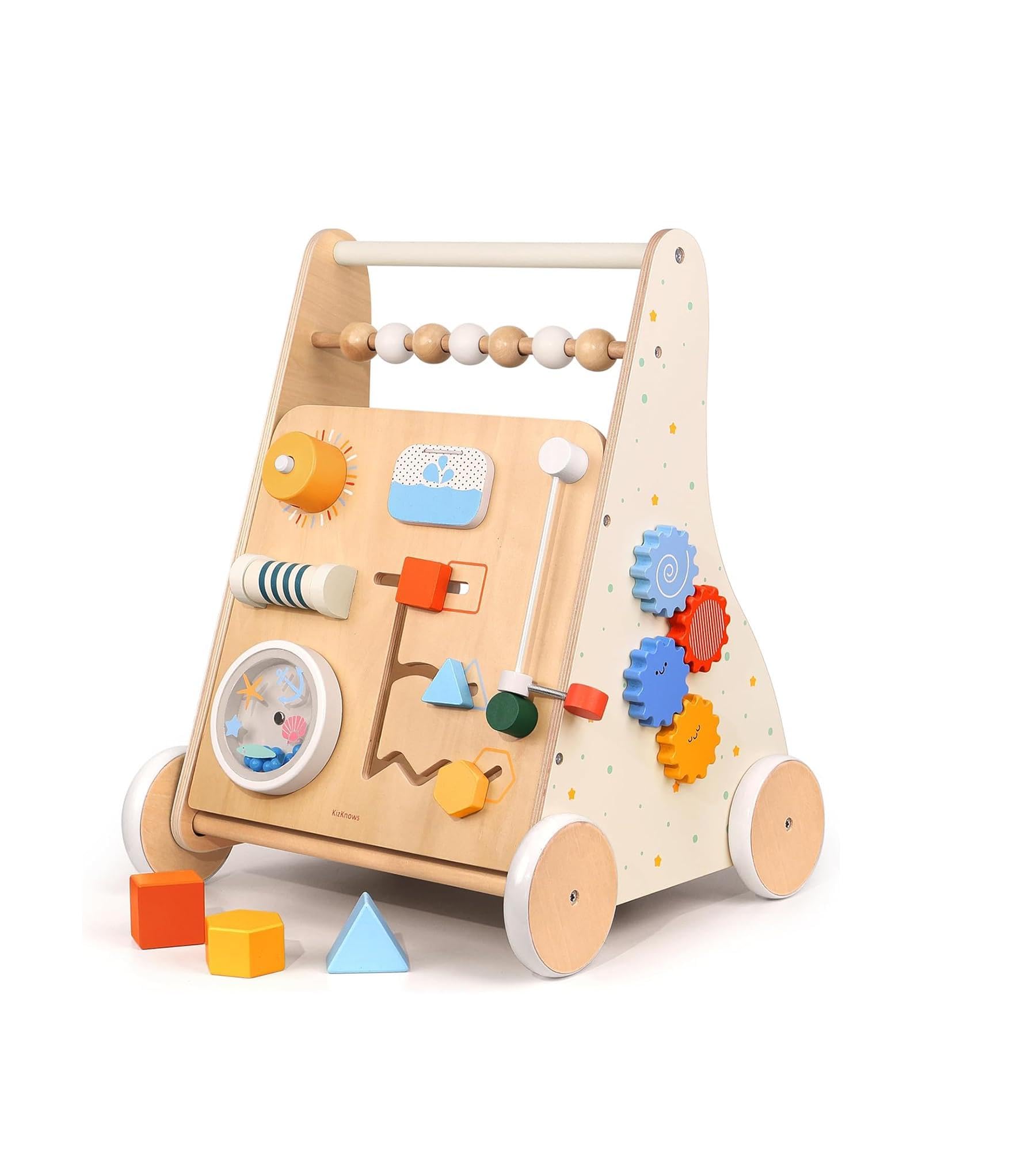 Wooden Baby Walker, 8-in-1 Sit to Stand Activity Center | Anti-Tip Toddler Walker with Speed Control Wheels, Baby Push Walker Montessori Toys for Boys Girls 12-36 Months