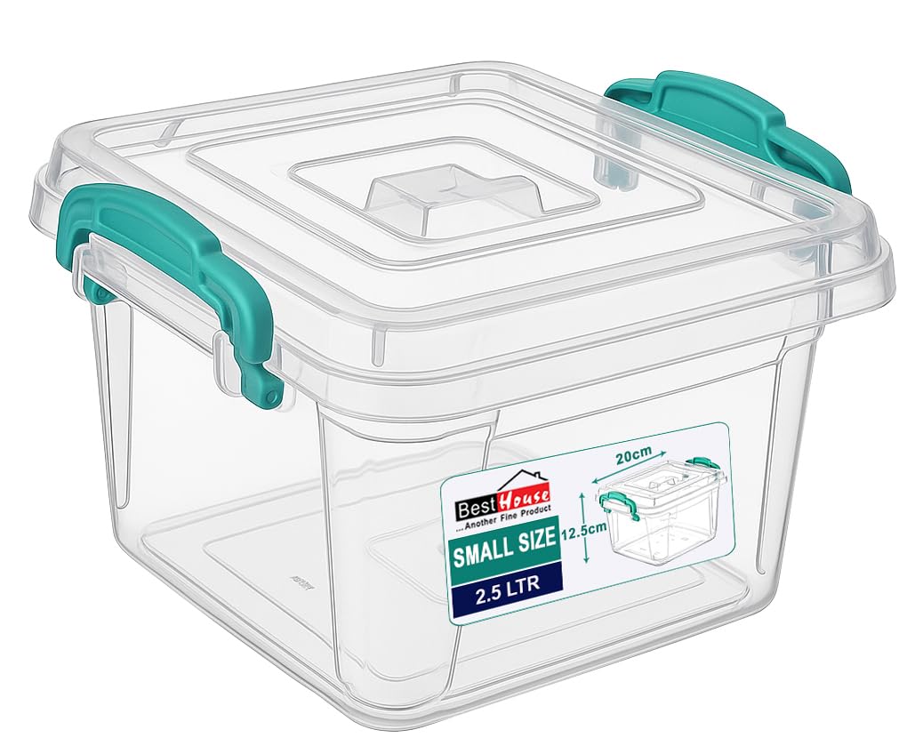 Best House | Small Plastic Storage Box with Clips & Lids | Size: 2.5L (L:20cm W:20.5cm H:12.3cm)| Set of 1 | Square Shape |Stackable Clear Multipurpose Home Office Kitchen Tools Crafts (2.5 Litres) โ image 1