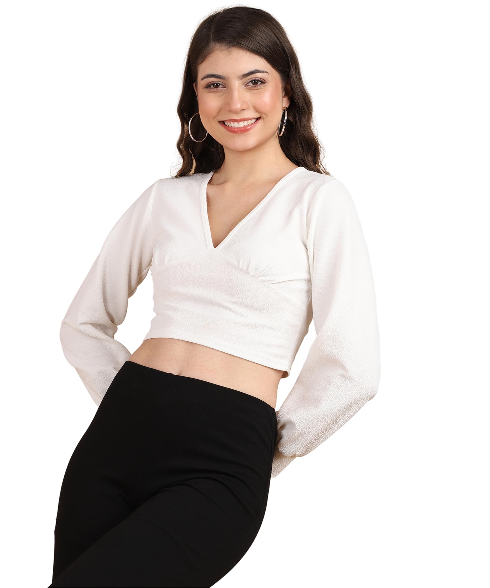 popwings Women Casual Self Design Rust Deep V Neck Full Sleeve Crop Top | Women Tops | Women Regular Tops | Women Tops | Women Stylish Tops-picture-39