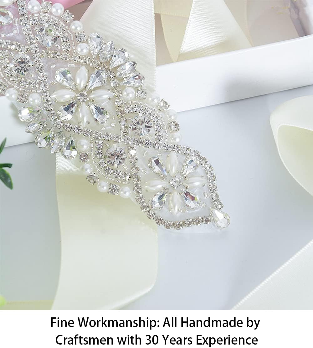 ShiDianYi Diamante Applique, Rhinestone Applique, Crystal Bridal Sash Applique Silver Bridal Rhinestone Belt in 6inch long x 2inch wide Beaded Silver Belt for Wedding Dress