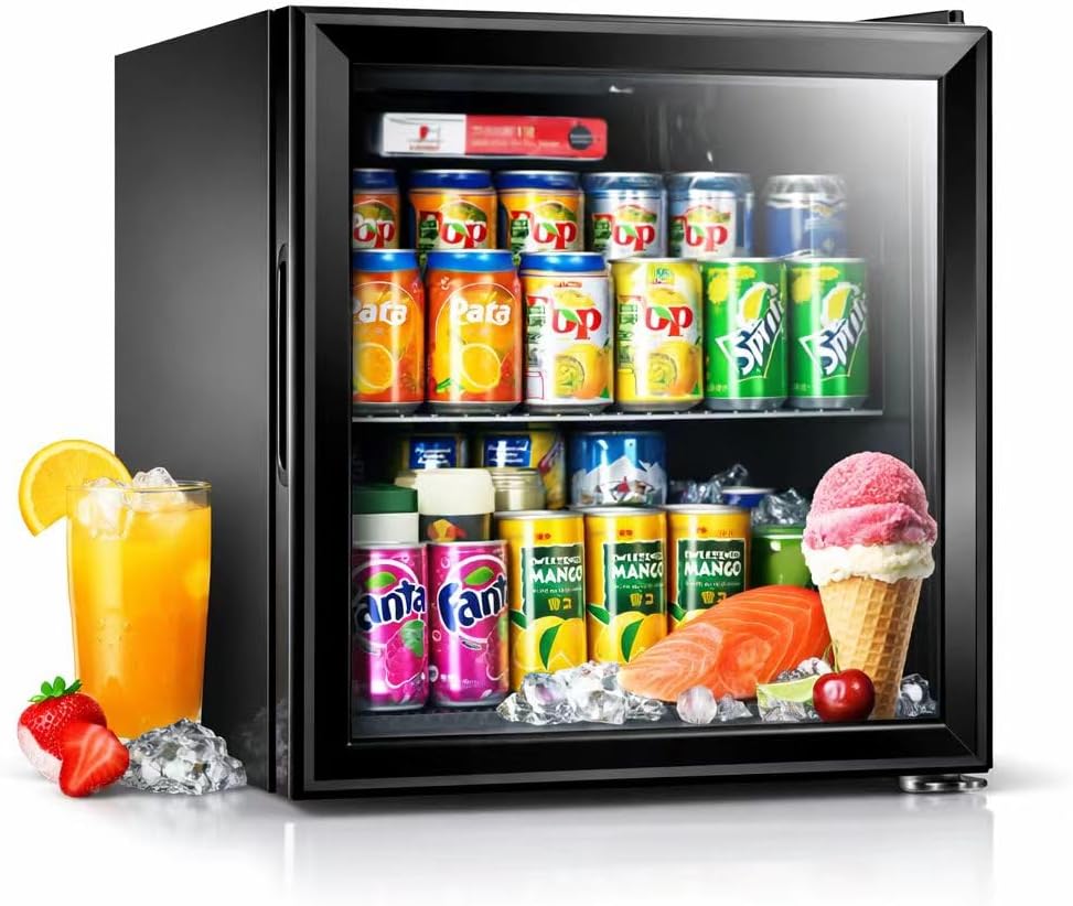 50L Beverage Refrigerator with Glass Door and Lock, Freestanding Mini Drink Cooler with Soft Freezer Compartment for Beer, Wine, Soda, Office, Bar & Dorm - Black