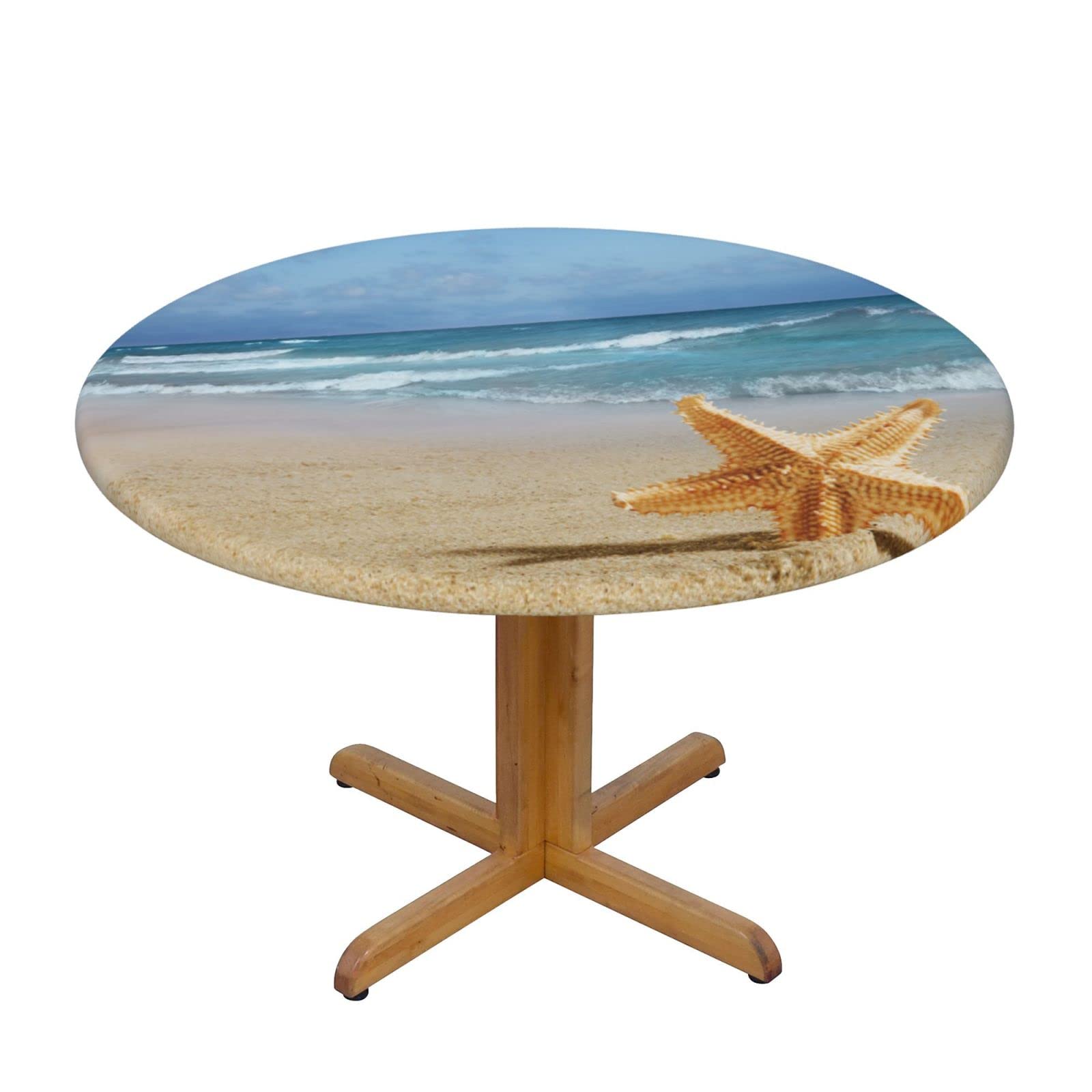 Round Tablecloth Starfish Summer Fitted Elastic Waterproof Wipeable Table Cloth Cover Decorations Table Pad Cover for Party Dinning Room Picnic-Medium