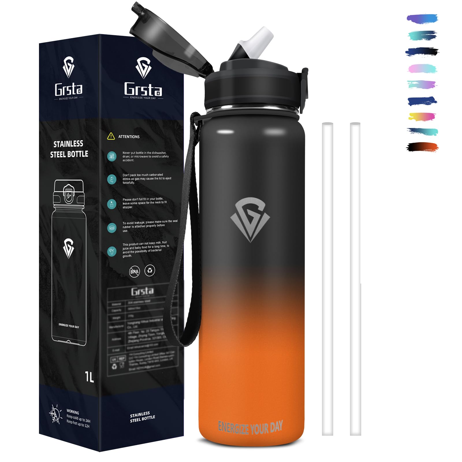 Grsta Drinking Bottle 1 Litre Stainless Steel BPA-Free Water Bottle Metal Leak-Proof Double Wall Insulation Water Bottle with Straw Cold and Warm Water Bottle for Fitness, Hiking, Camping