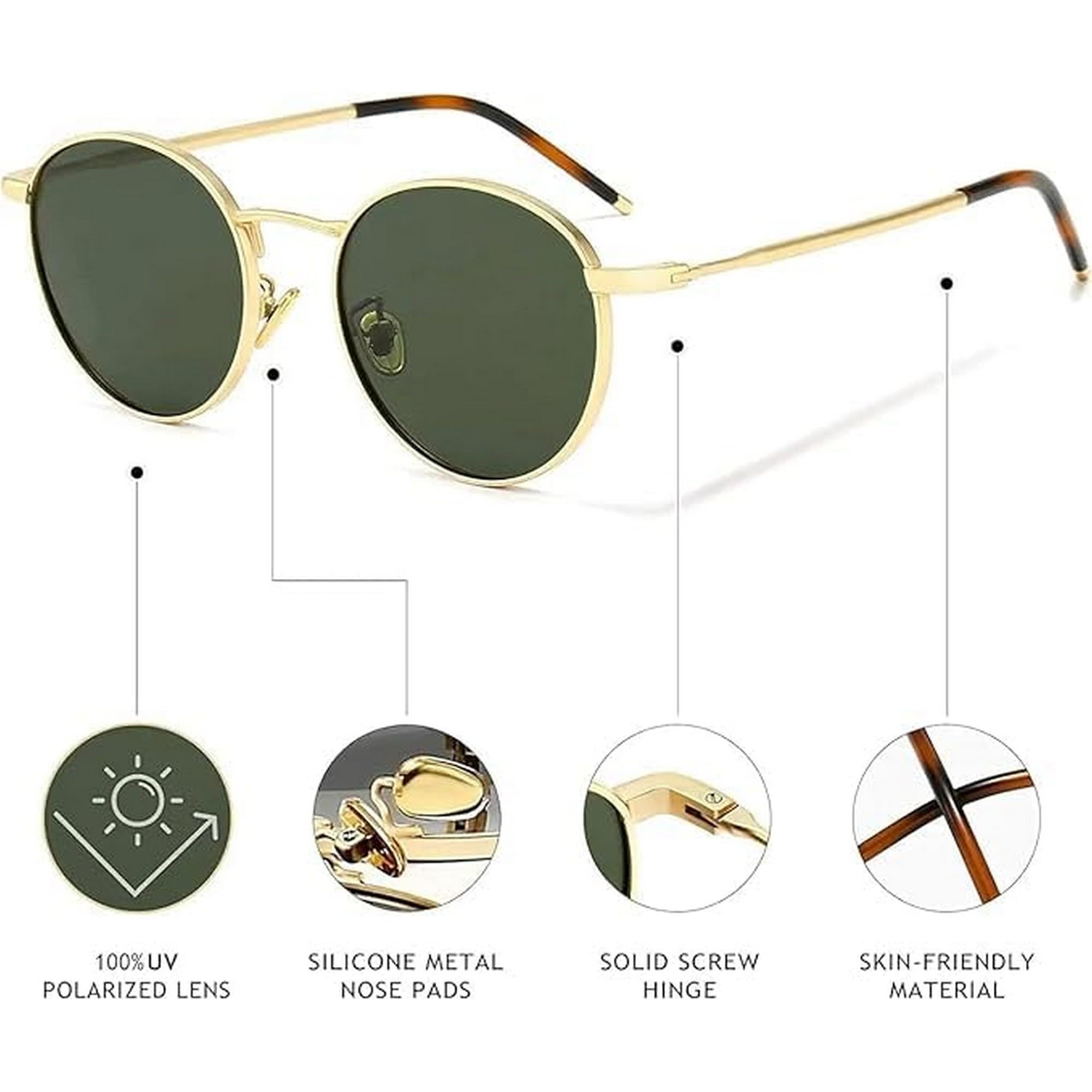 Dervin Ponderable UV Protection Coating Round Sunglasses for Men and Women Classic Metal Sun Glasses (Gold-Green) - Image 4 thumbnail