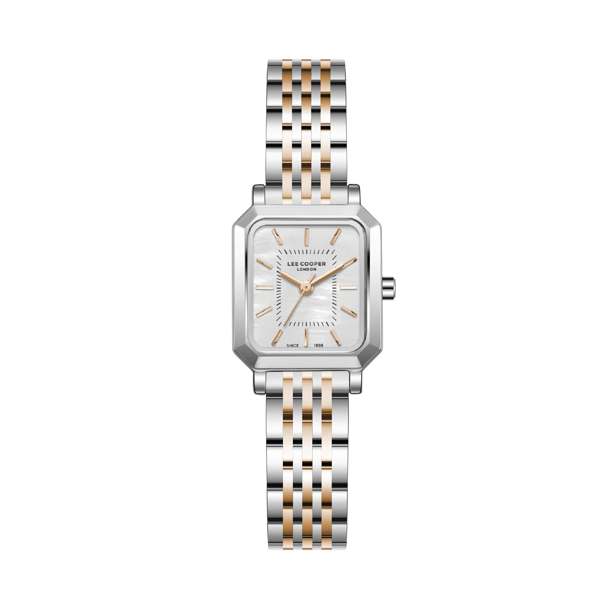 Lee Cooper Damenuhr - Elegante zweifarbige Rotgold Rechteckige Armbanduhr für Damen mit Perlmutt-Zifferblatt | Quarz Analog | LC08203.520