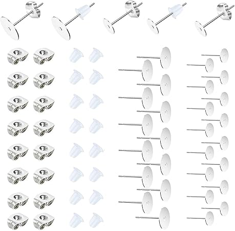 450PCS Earring Posts Stainless Steel Flat Pad,Hypoallergenic Stud Earrings with Butterfly and Rubber Bullet Earring Backs for Jewelry DIY Making Findings (Silver) (Silver)
