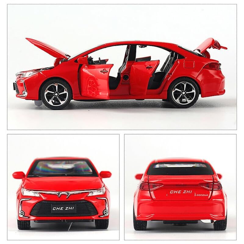 Image of Kids Model 1:32 Corolla Die Cast Metal Car Pull Back Action Opening Doors with Realistic Engine Sound Lights Toy Car Gift for Boys - Red