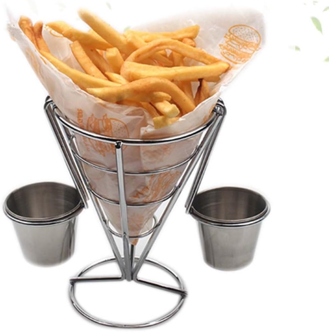 BESPORTBLE 2 Set Electroplated Iron Art Chips Holder Cone Baskets for French Fries and Appetizers Sturdy Snack Display Rack for Restaurants Home Parties Outdoor Events Silver Finish
