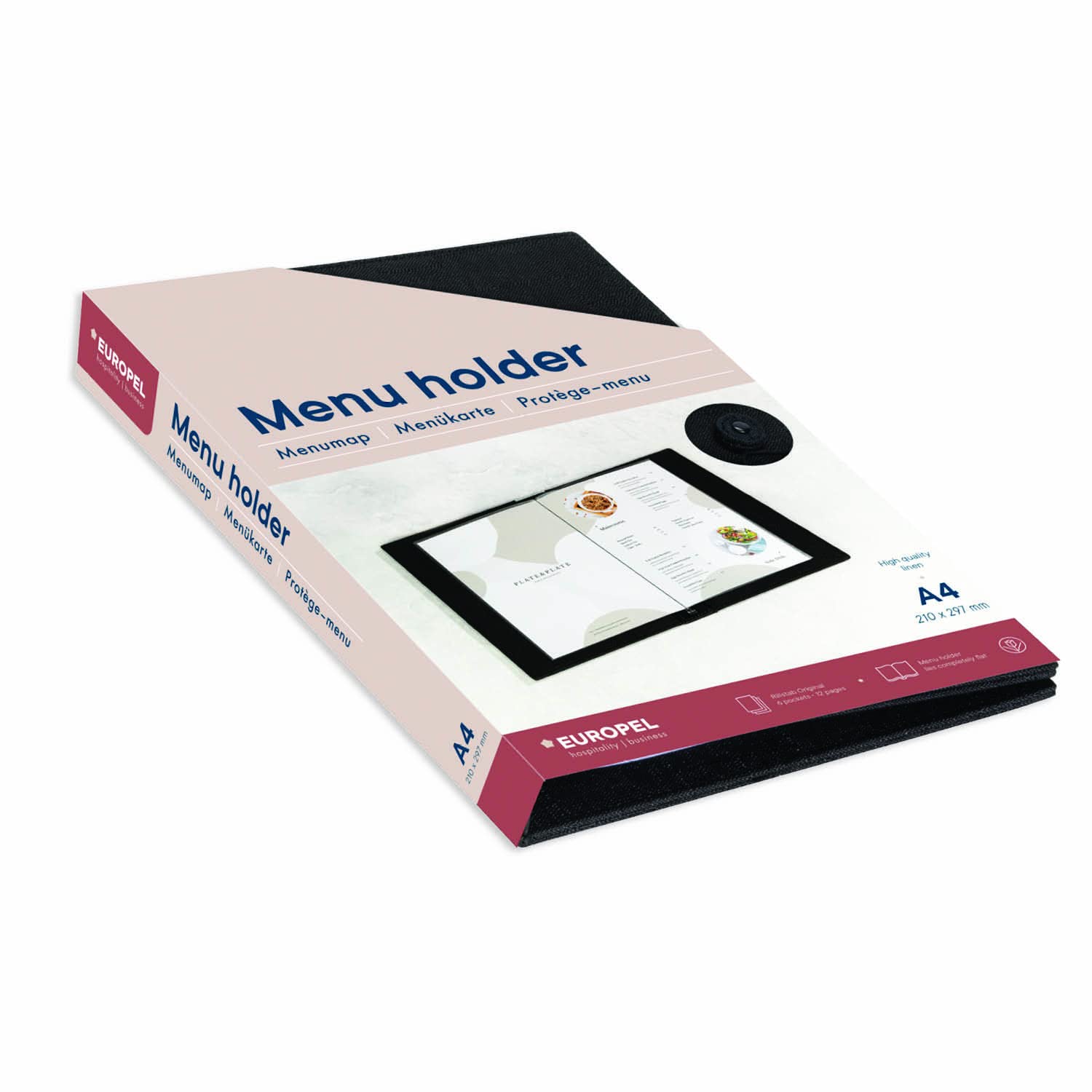 EUROPEL Menühalter - A4 Dokumentenmappe für Restaurants, Hotels, Cafés und Bars - Präsentationsbuch mit transparenten Taschen (6 Taschen, 12 Seiten), Schwarz