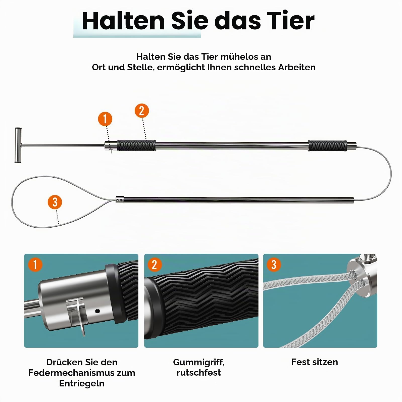 155 cm großer Hundefänger, tragbar, Schweinefänger, Tierkontrolle, Werkzeug, Edelstahl, Schweinehalter, Fangstange für Hunde, Nutztiere, Bauernhofgeräte