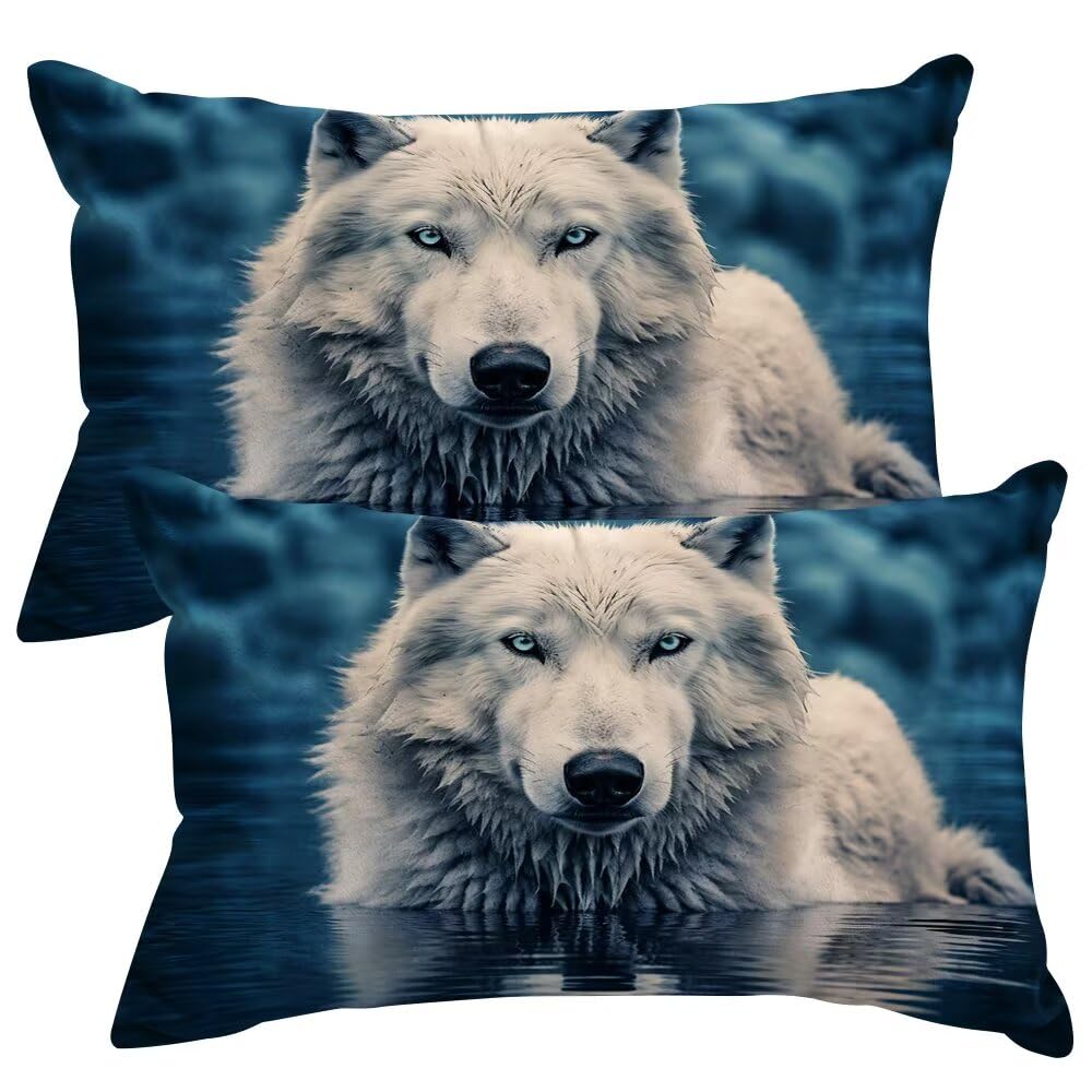 Set of 2 Velvet Cushion Covers 30x50 cm Wolf Cushions Covers Decorative Throw Pillow Case Animals Sofa Pillows 12x20 Inch Rectangle Cushion Cover with Invisible Zipper for Livingroom Bedroom -SC387