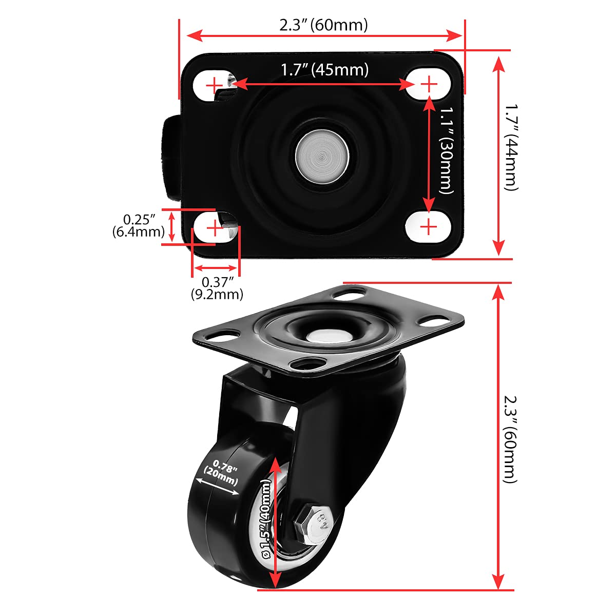 Confezione da 24 ruote girevoli da 1,5" con base in gomma con piastra superiore e cuscinetti per impieghi gravosi (confezione da 24 senza freno)