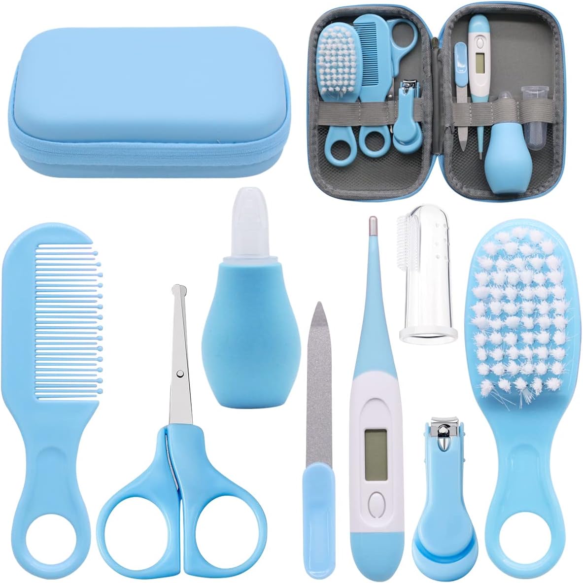 8pcs Baby Grooming kit, Newborn Baby Care Accessories with Zipper Box, Baby Hair Nail Thermometer Care Set, Baby Healthcare Set for Newborn Infant, Toddler Girls & Boys (Blue)