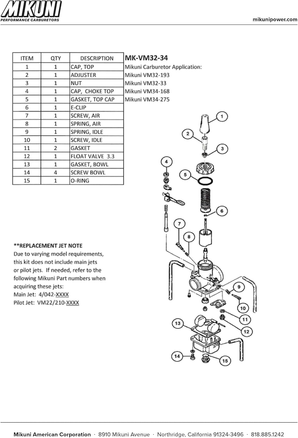 Mikuni Carburetor Rebuild Kit for Mikuni VM32-193, VM32-33, VM34-168, VM34-275 Carburetors