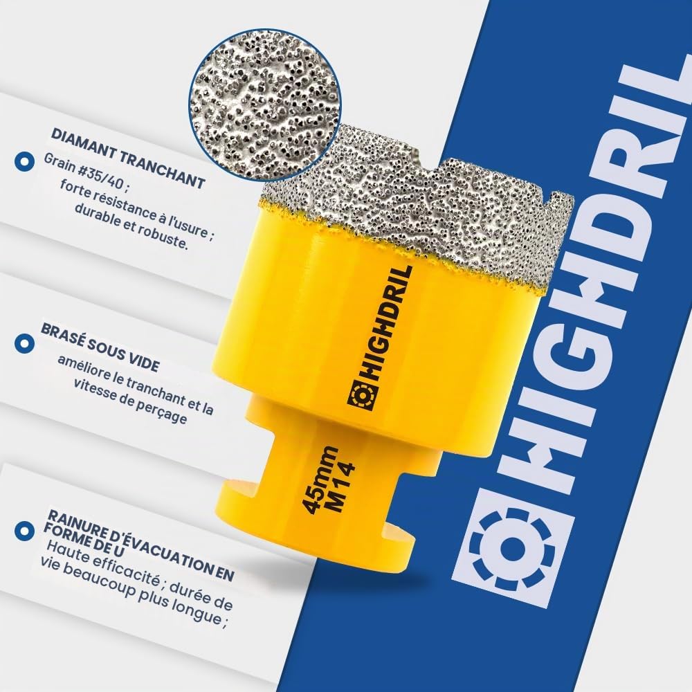 HIGHDRIL Foret Diamant Kit 10pcs(6/6/8/25/35/50/68mm Mèches Diamantées+10mm Fraise Diamant+50mm Mèches de Chanfrein+Adaptateur) Scie Cloche pour Carrelage Céramique Porcelaine Marbre Granit